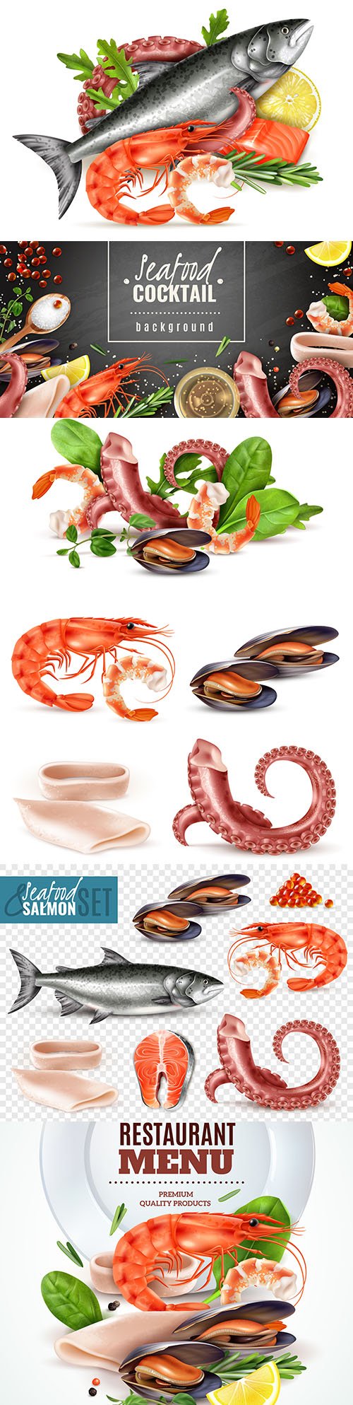 Delicious seafood and restaurant menu realistic set