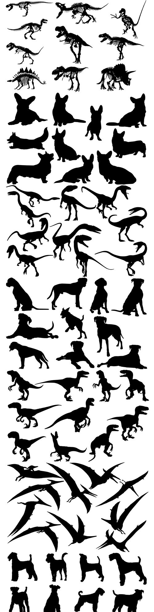Dinosaur and dogs collection black silhouettes