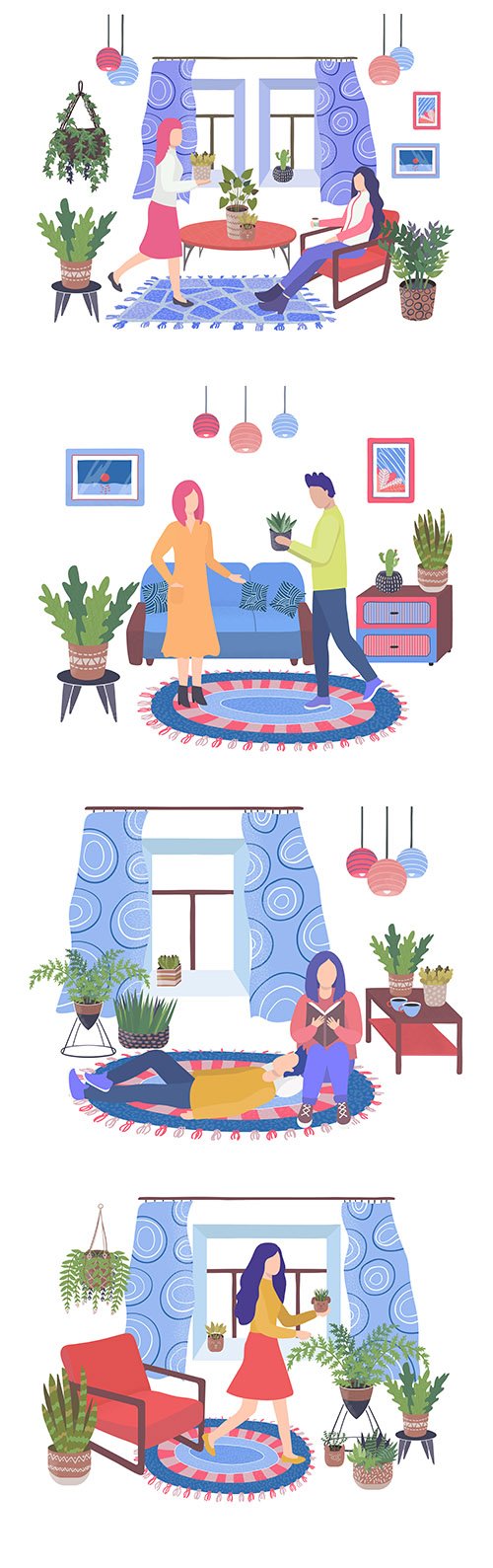 House Plants Living Room Flat Illustration Set