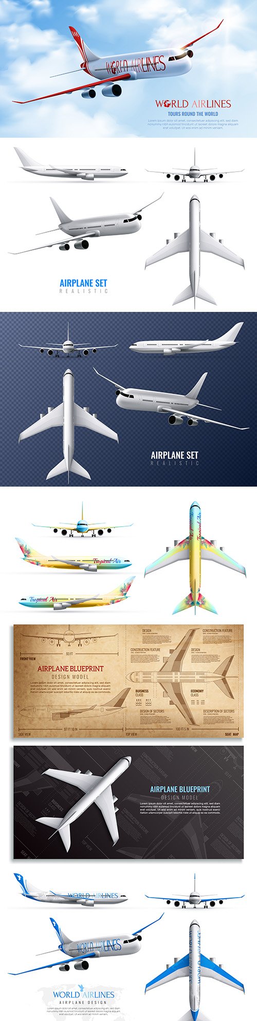 Aircraft set world airlines in various kinds of realistic