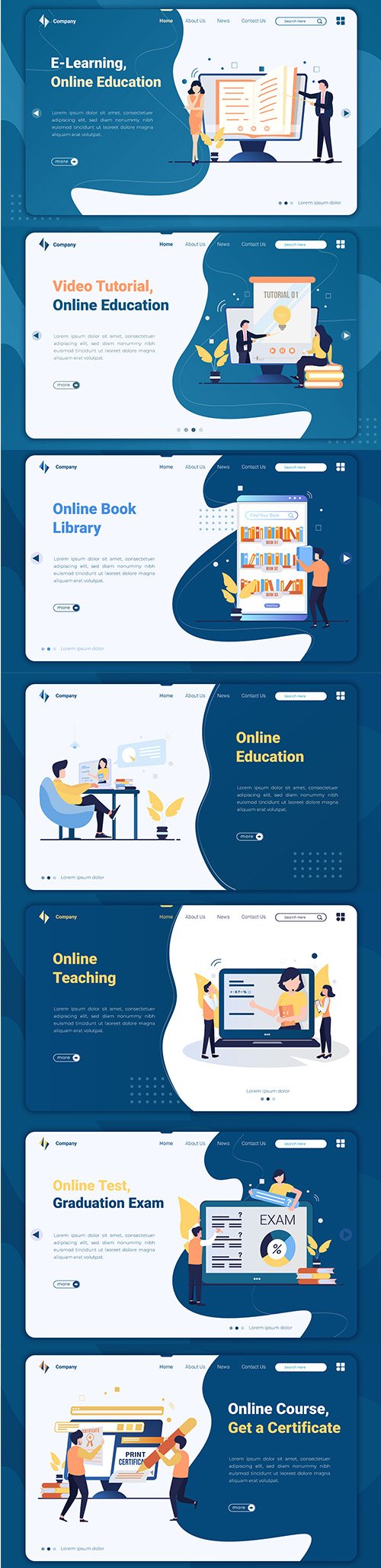 Flat Design Online Education Landing Page Template Set