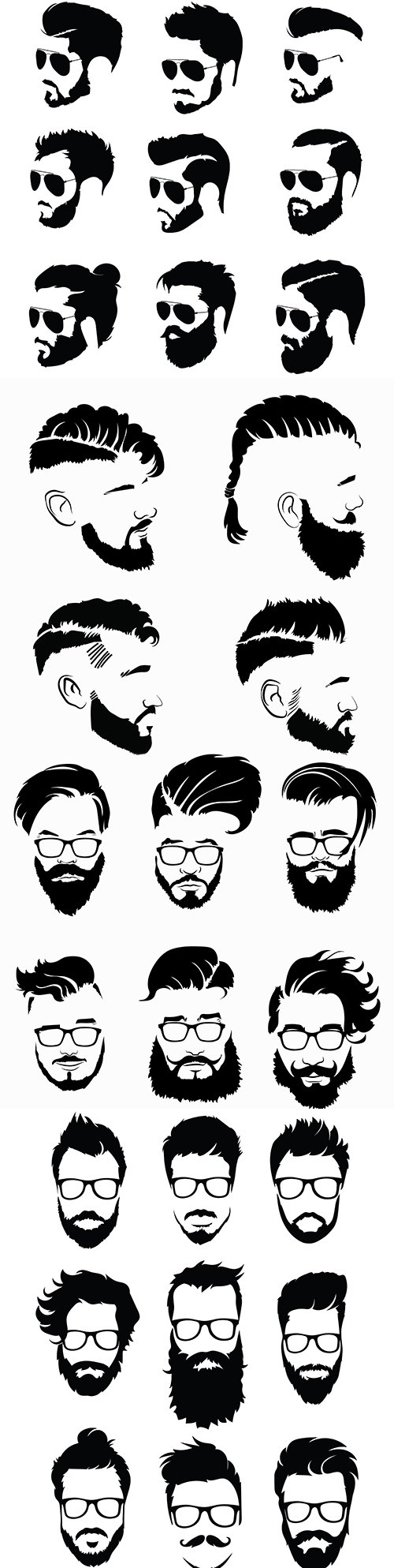 Collection black hairstyle silhouettes and beards for men