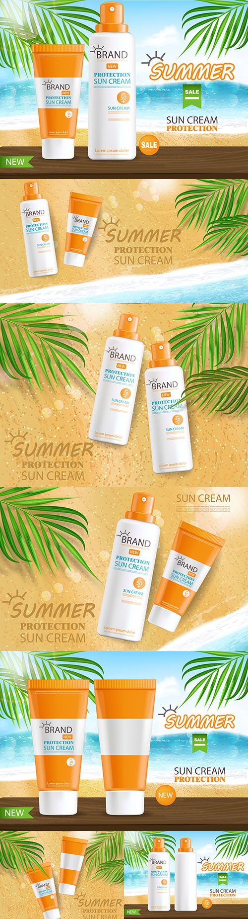 Sunscreen and tropical banner summer cosmetics