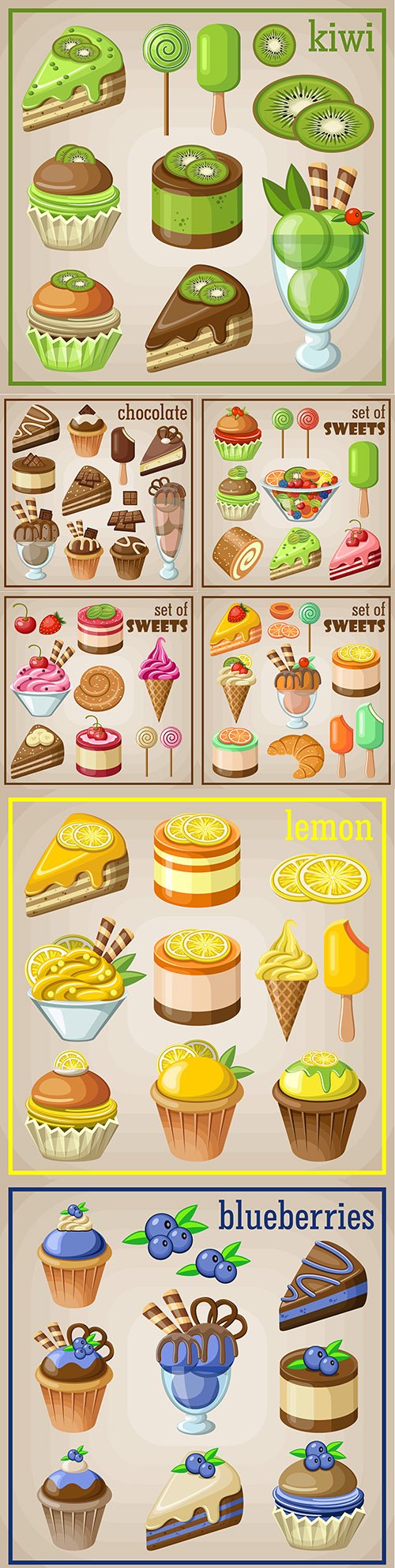 Candy and cakes with fruit glaze collection illustration