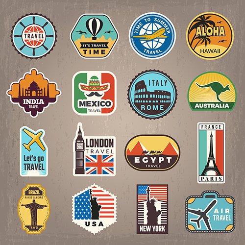 Travel Stickers Vacation Badges Vector Retro Pictures