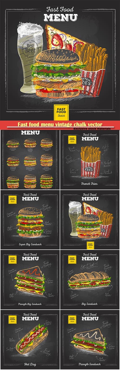 Fast food menu vintage chalk vector illustration
