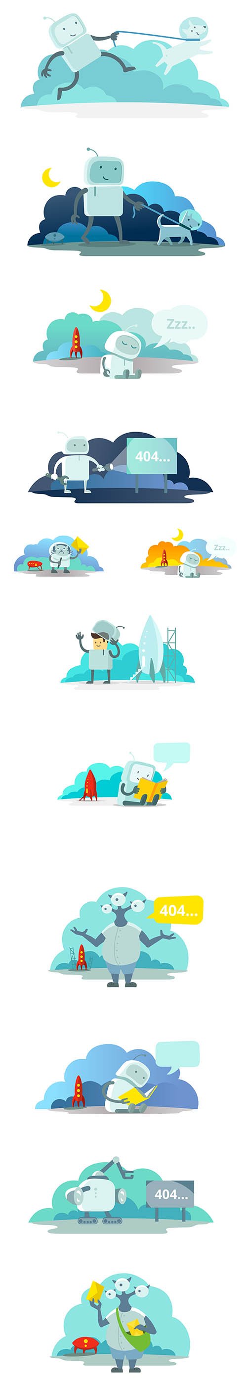 Funny Robot Character Astronaut Walk and 404 error Illustrations