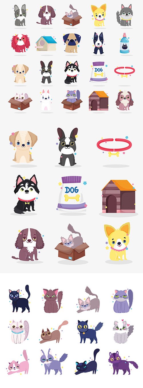 Cute Dogs and Cat Puppy Cartoon Animal Set