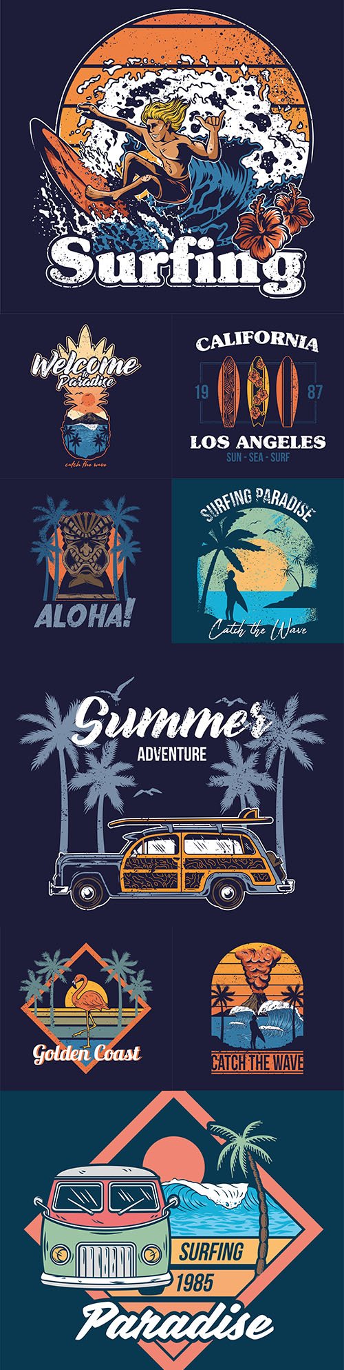 Summer surf design vintage emblems and logos