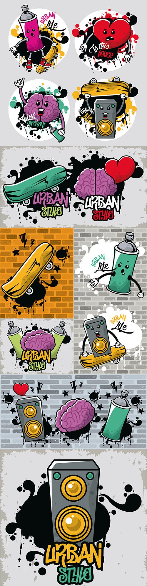 Urban style graffiti with skateboarding and brain