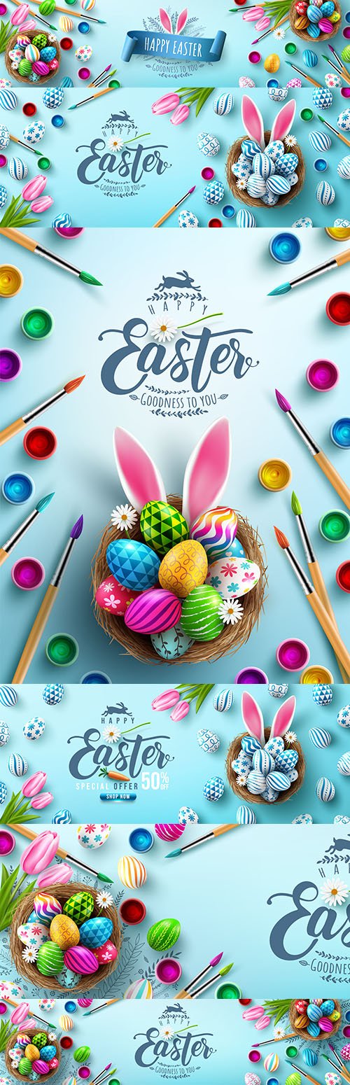Easter banner template with Easter eggs in nest
