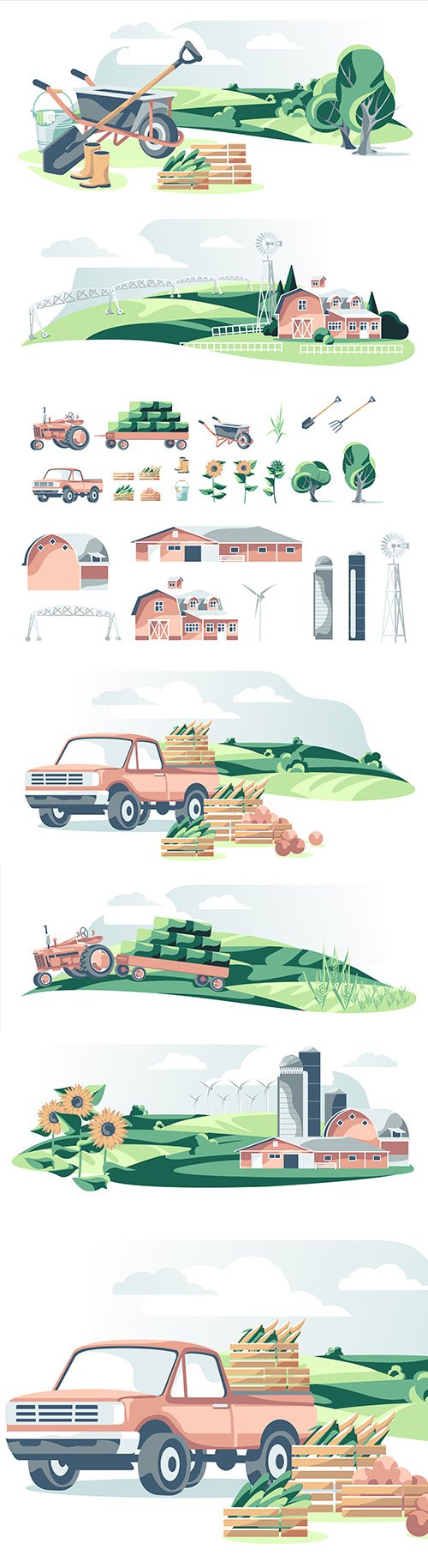 Agricultural equipment and landscape illustration
