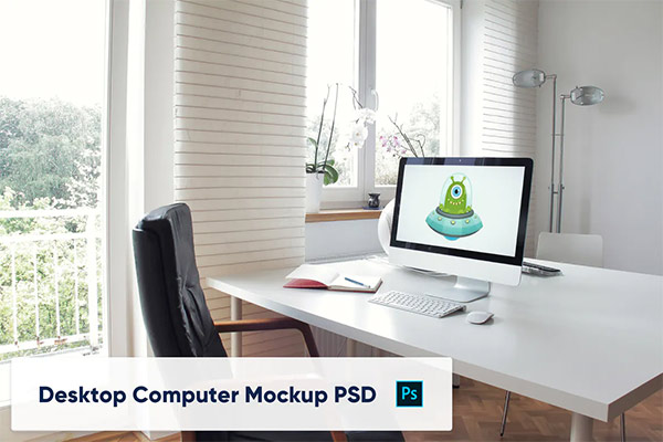 Desktop Computer on Table in Home Office - Mockup 3