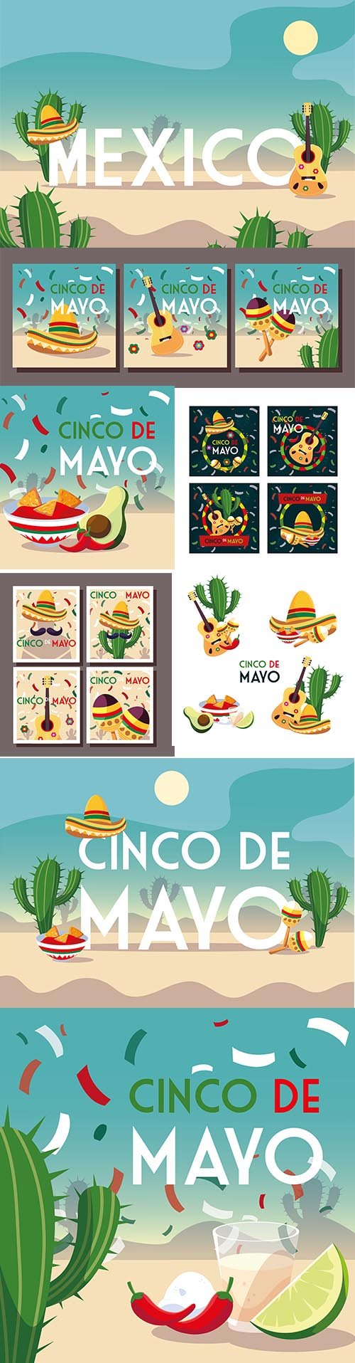 Vector Set of Card Cinco De Mayo with Symbol Mexican