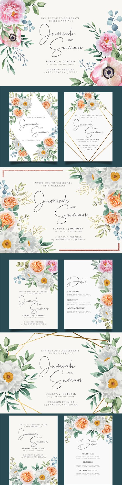 Elegant wedding invitation with floral watercolour background