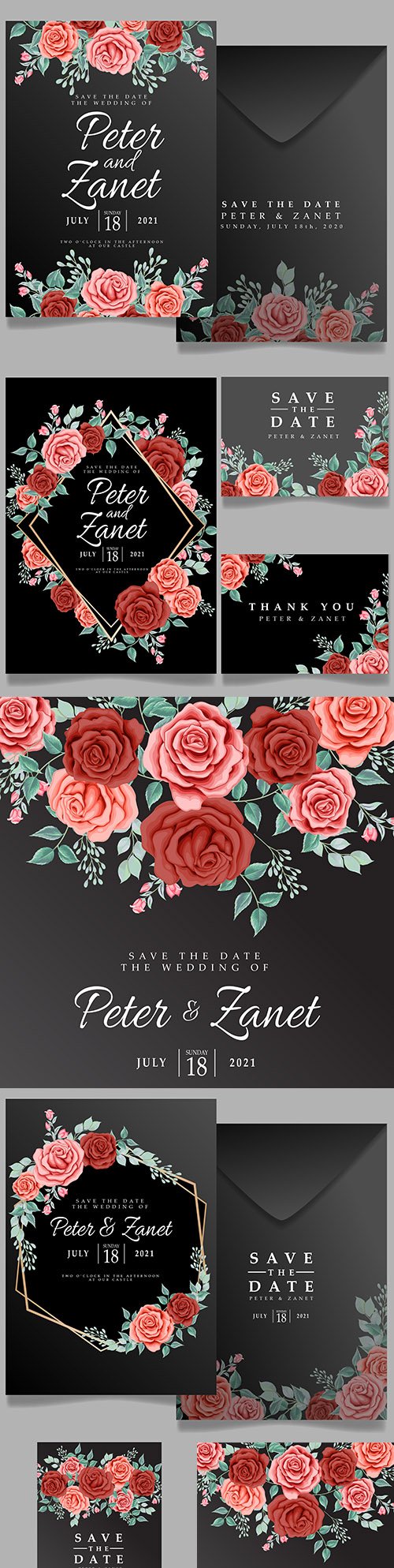 Beautiful rose flower wedding invitation black background