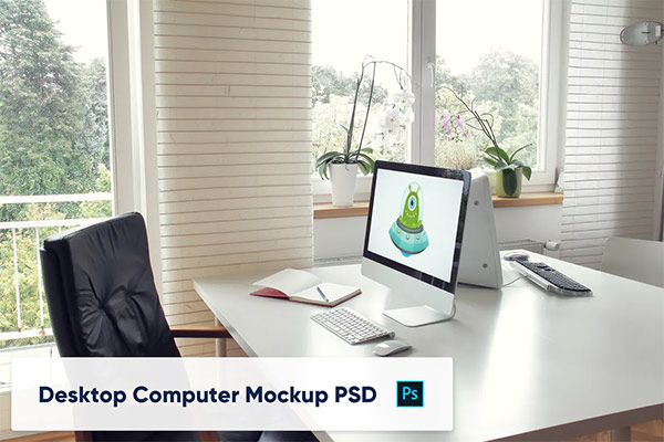 Desktop Computer on Table in Home Office - Mockup