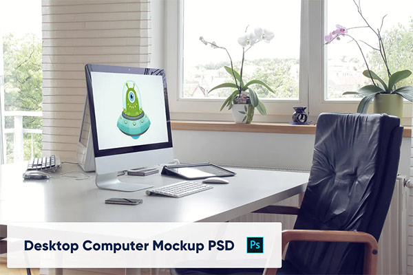 Desktop Computer on Table in Home Office - Mockup 2