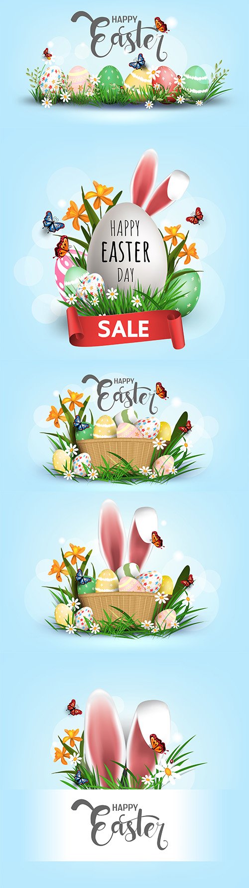 Happy Easter eggs in green grass with white flowers design