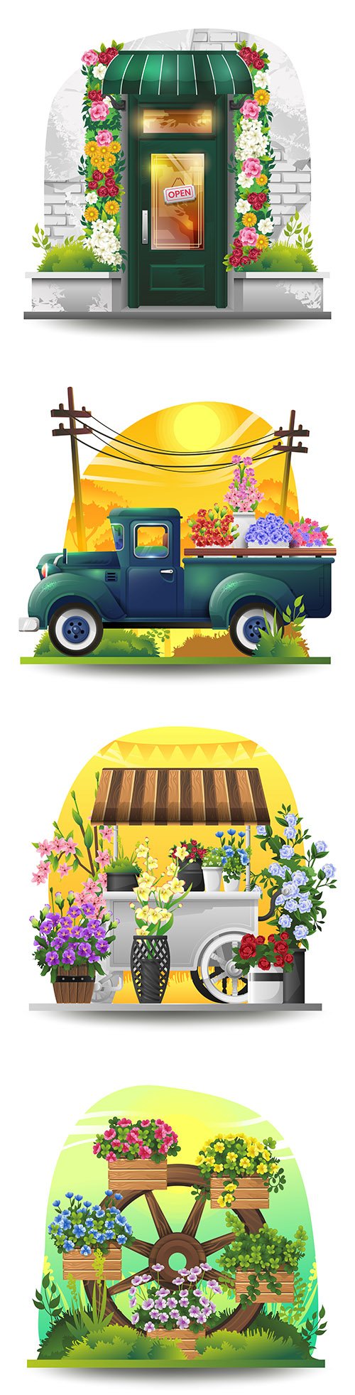 Flower cart with flowers in spring garden illustration