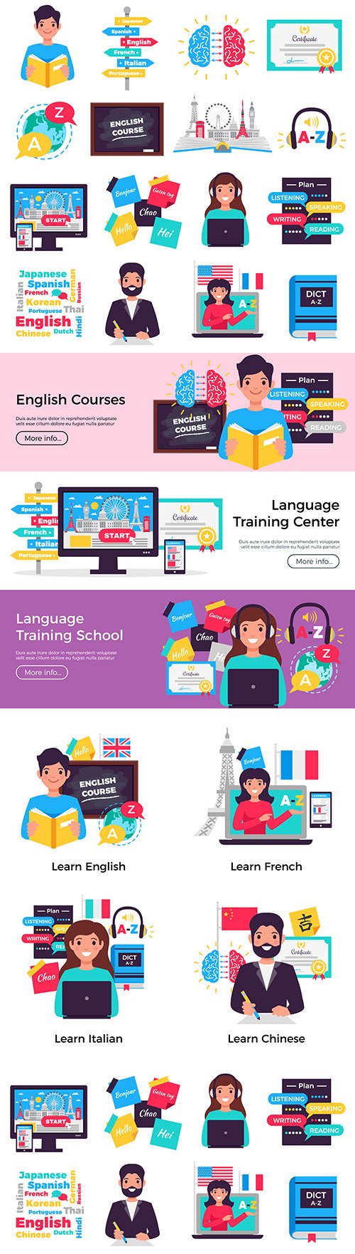 Foreign language instruction collection elements and banners
