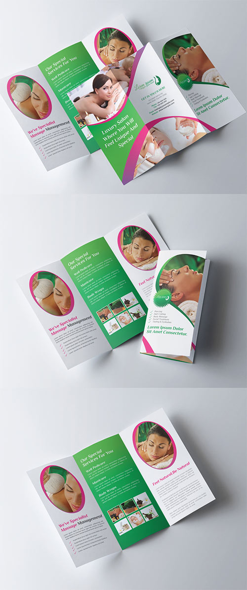 Tri-Fold Brochure Layout with Green and Pink Elements 278613754
