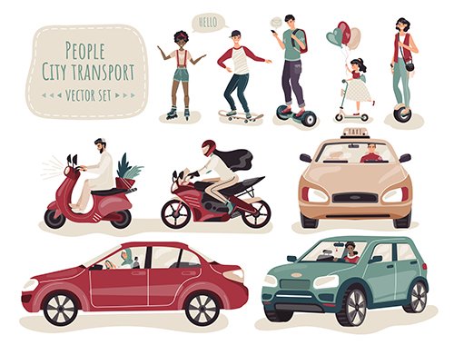 People City Transport Set Cartoon Characters Illustration Set