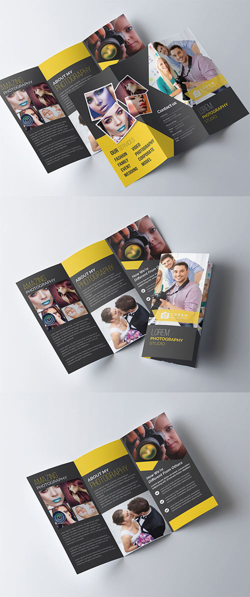 Trifold Photography Brochure Template with Dark Yellow Accents 277926809