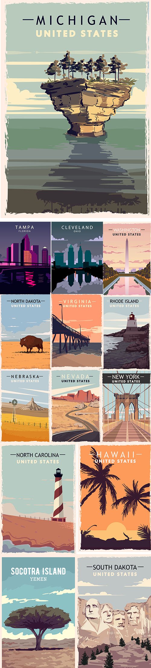 Retro Travel Illustration with Landscape on United States America Set