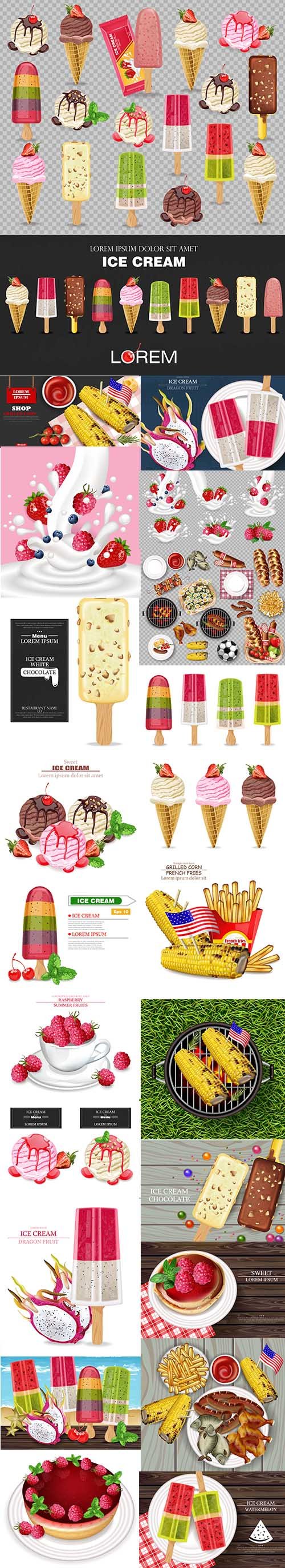 Realistic Watercolor Ice Cream and Fruits Set