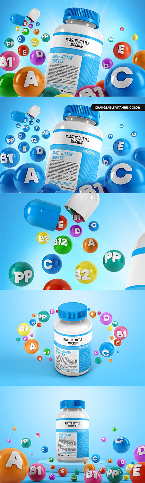 Plastic Pill Bottle With Colorful Vitamins Mockup