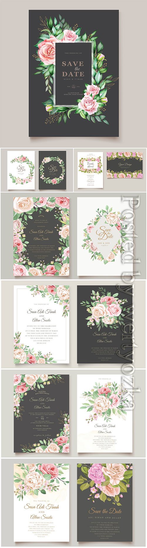 Wedding invitation vector card with floral and leaves
