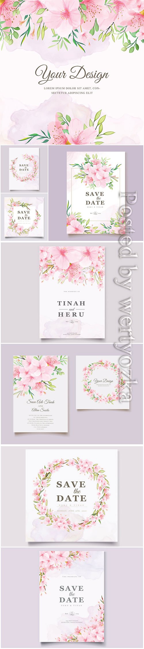 Wedding invitation cards with pink flowers in vector