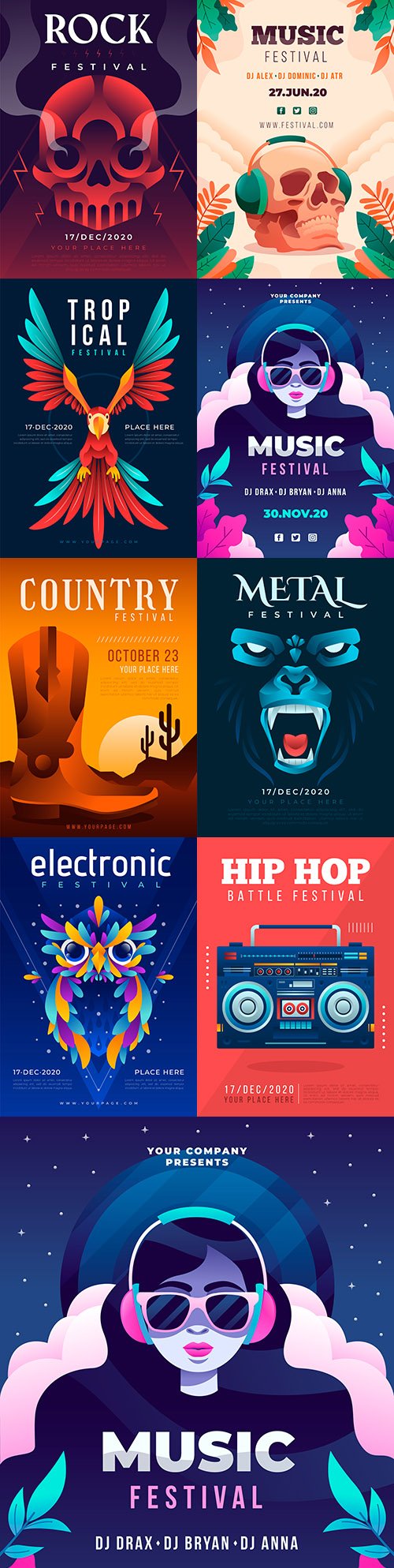 Music poster different genres illustrated design