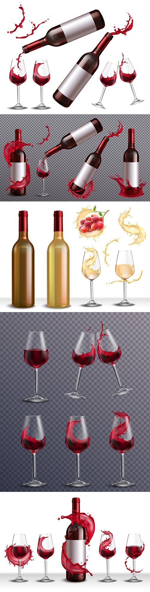 Bottle of red and white wine realistic set with glasses