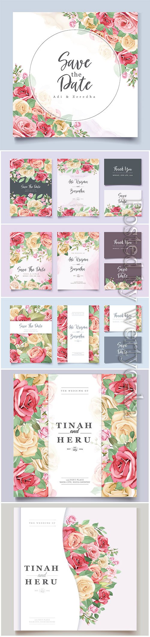 Elegant floral and leaves wedding invitation vector designs