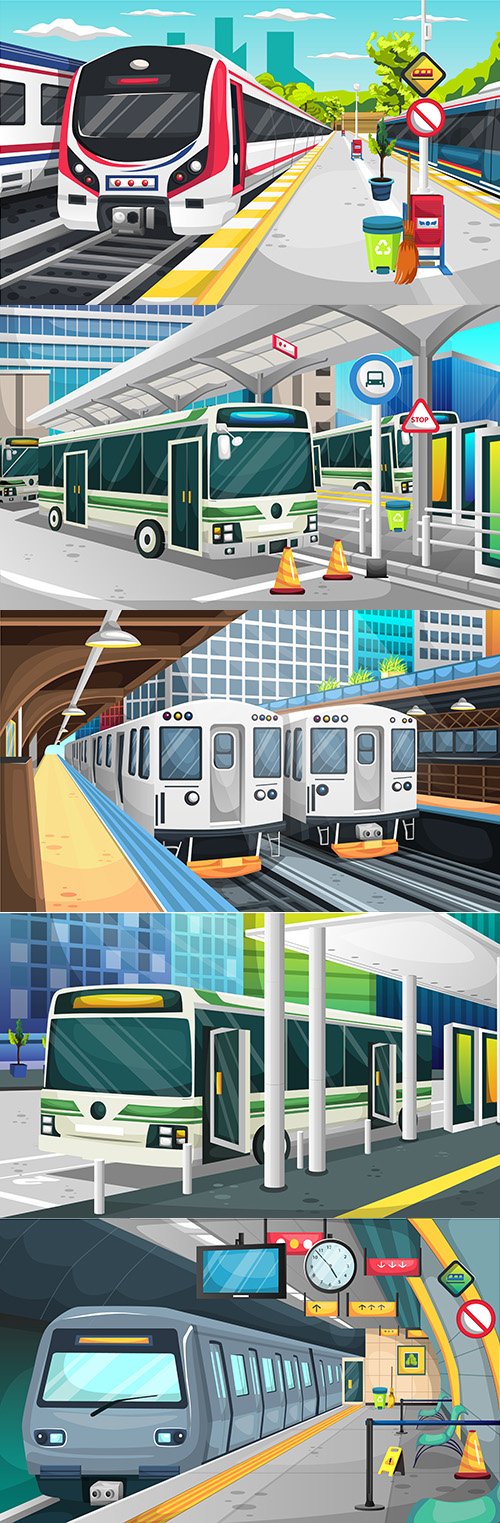 Metro station, railway and bus station in modern city illustration