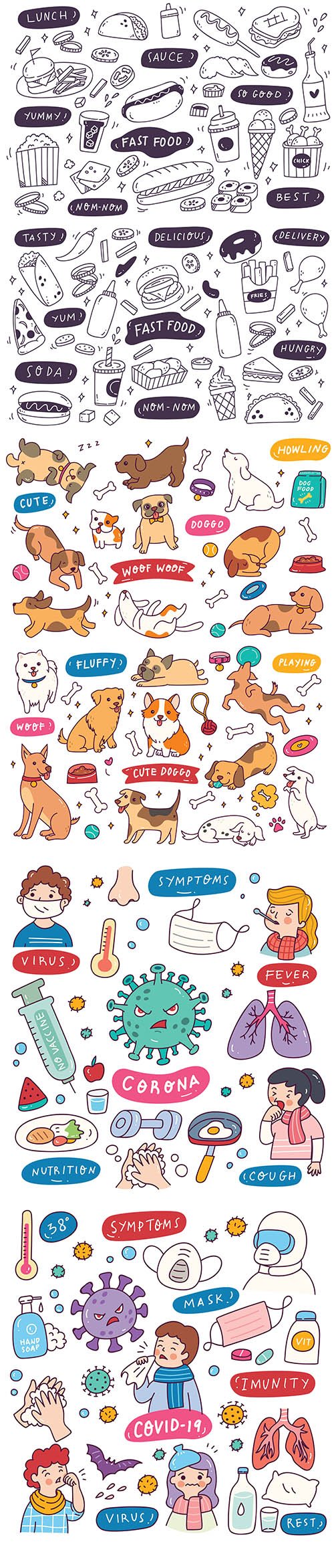 Hand-Drawn Food, Dog and Corona Virus Doodle Element
