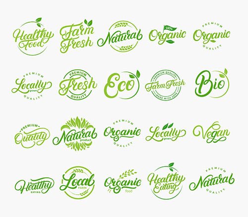 Hand-Written Lettering Logos Vegetarian Natural Organic Farm Set