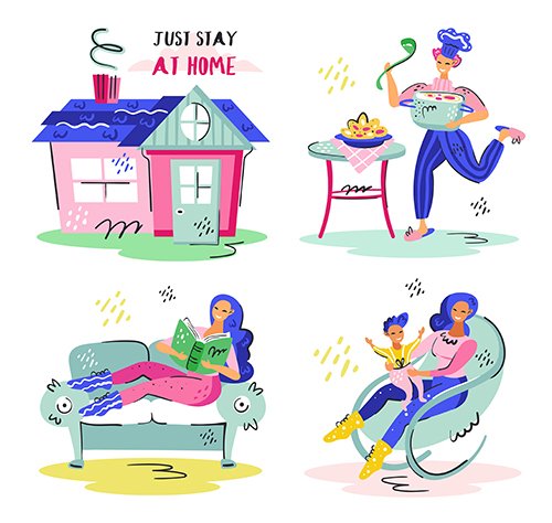 Just Stay Home Set - Flat Colourful Vector Illustration