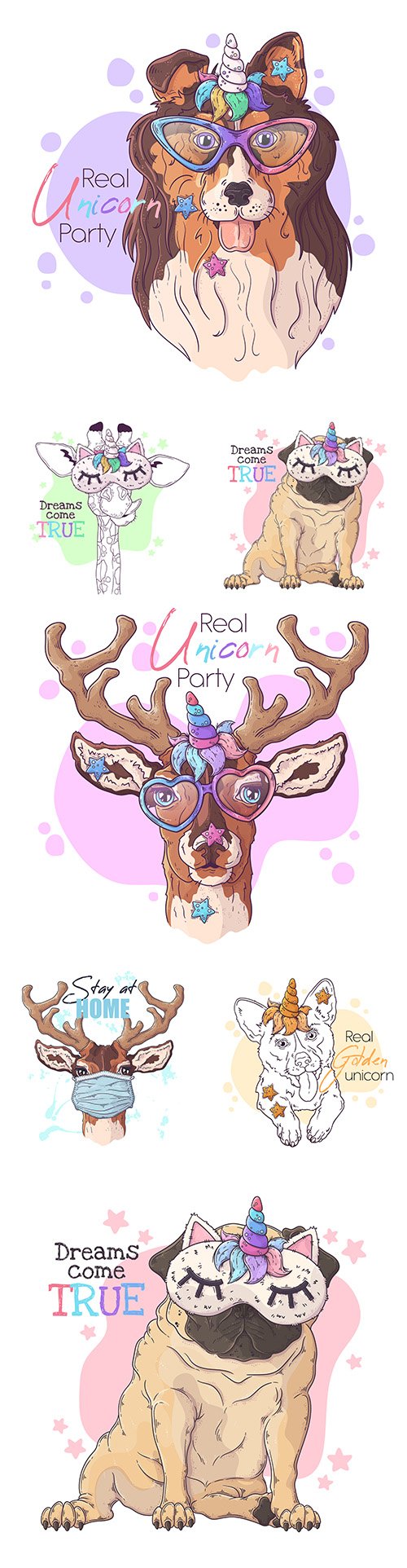 Head of animals with magic horn unicorn illustration