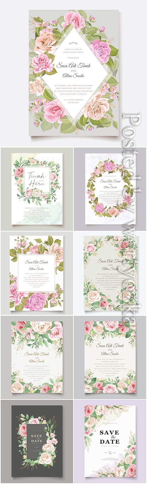 Wedding invitation cards with flowers in vector # 3