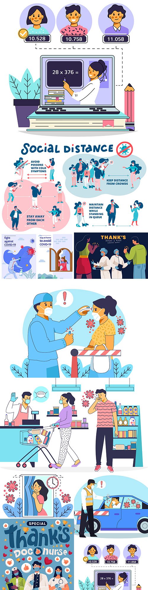 Coronavirus temperature check and self-isolation concept illustrations