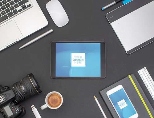 Desk with Tablet, Smartphone, and Camera Mockup
