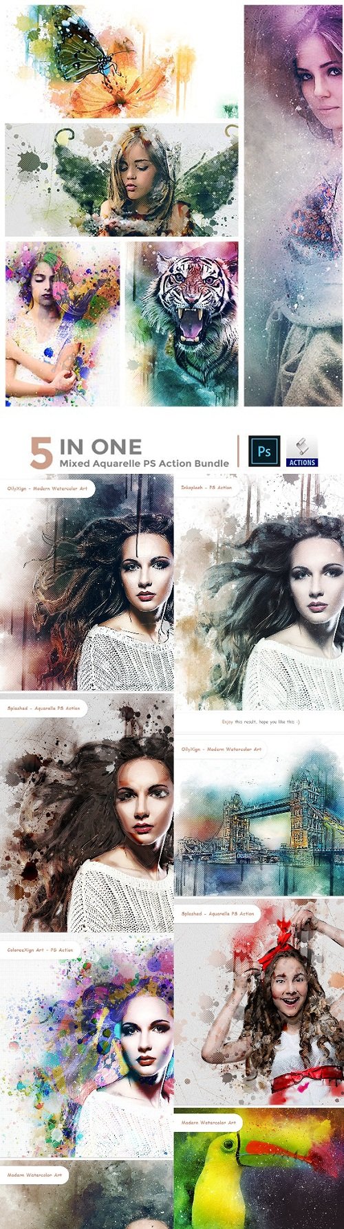 5 in One Mixed Aquarelle PS Action Bundle - 23066719