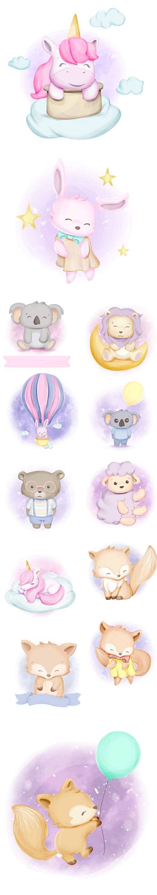 Watercolor Cute Baby Animals Illustration Set