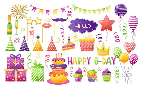 Birthday Party Illustration Set with Cartoon Element Set