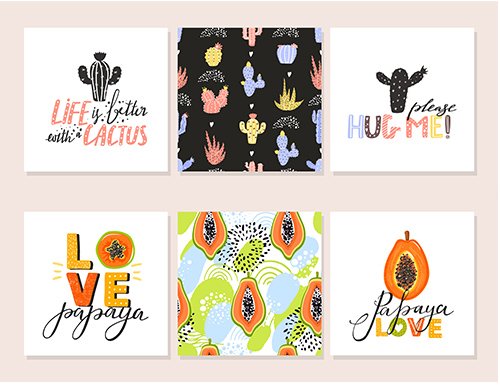 Set of Papaya and Cactus Illustrations