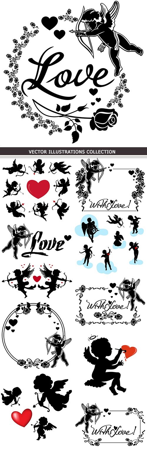 Romantic Cupid's arrows and decorative flowers silhouettes