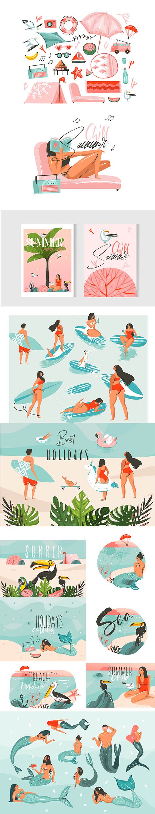 Hand-Drawn Abstract Graphic Cartoon Summer Time Flat Illustrations